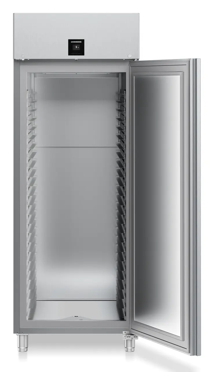 Изображение на продукта, Перспектива: Отпред, отворен, празен, Хладилник по стандарта за хлебопекарни с динамично охлаждане, Цвят на корпуса: благородна стомана, Цвят на вратата: благородна стомана