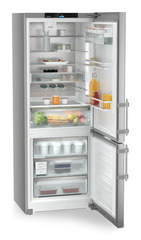 Product image, Perspective: oblique open decorated, Combined fridge-freezers with EasyFresh and NoFrost, Casing colour: silver, Door colour: stainless steel