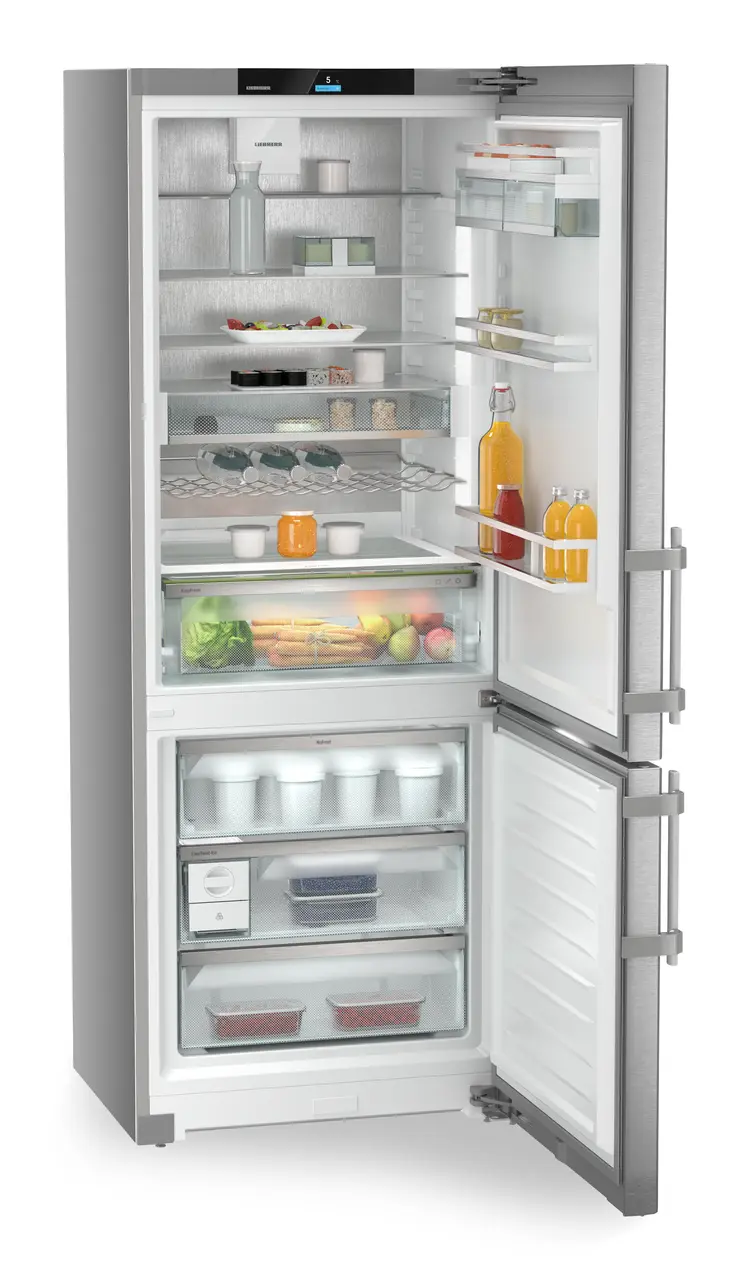 Product image, Perspective: oblique open decorated, Combined fridge-freezers with EasyFresh and NoFrost, Casing colour: silver, Door colour: stainless steel