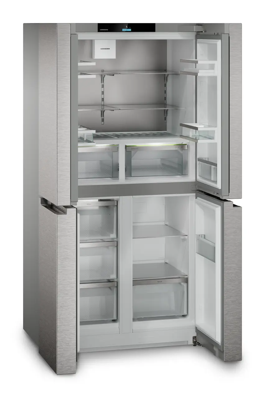 Immagine del prodotto, Prospettiva: Inclinato aperto vuoto, Frigorifero a 4 porte French Door con IceMaker, Colore della struttura: argento, Colore della porta: acciaio inox