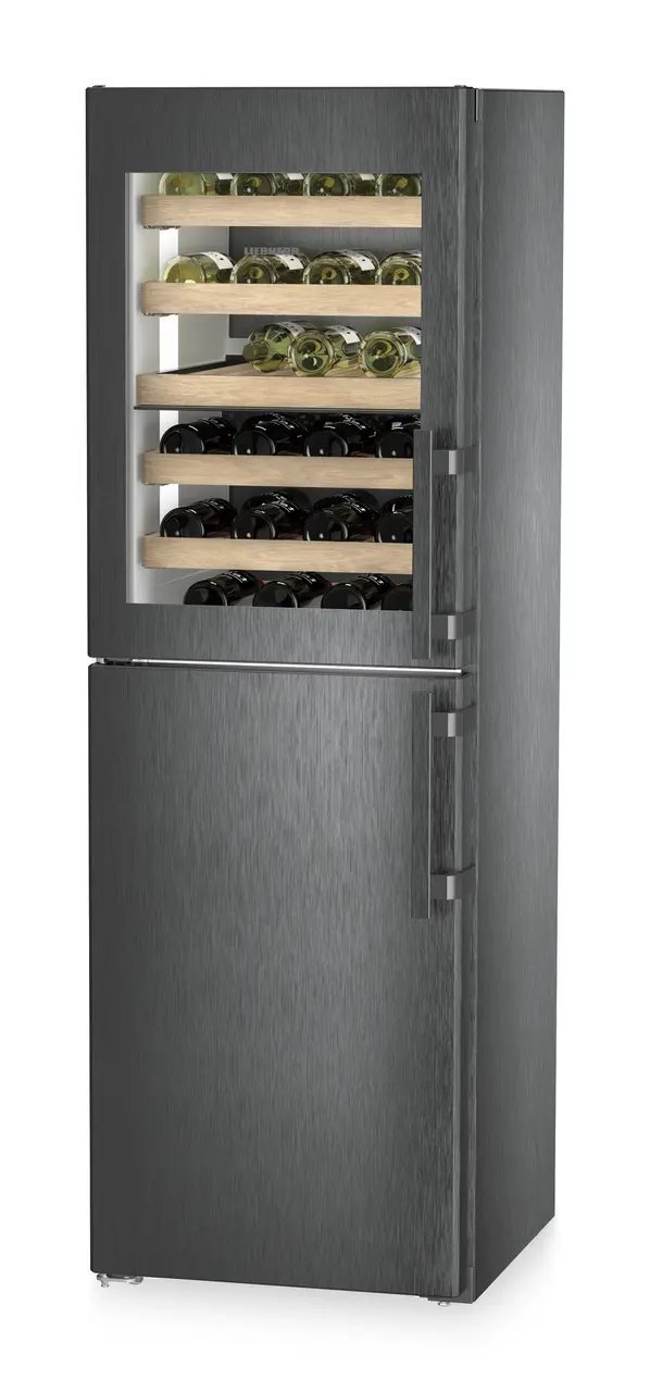 Product image, Perspective: oblique closed decorated, Combination with NoFrost freezer compartment and wine tempering compartment, Casing colour: BlackSteel, Door colour: BlackSteel