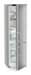 Product image, Perspective: oblique half-open empty, Fridge-freezer with BioFresh and NoFrost, Casing colour: silver, Door colour: stainless steel