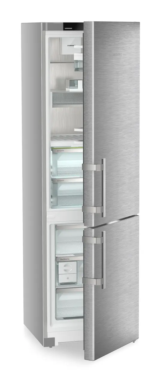 Product image, Perspective: oblique half-open empty, Fridge-freezer with BioFresh and NoFrost, Casing colour: silver, Door colour: stainless steel