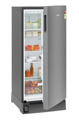 Product image, Perspective: oblique half-open decorated, Single-door refrigerator 222 l in 3 star with foot pedal base drawer, Casing colour: grey, Door colour: Silver Steel