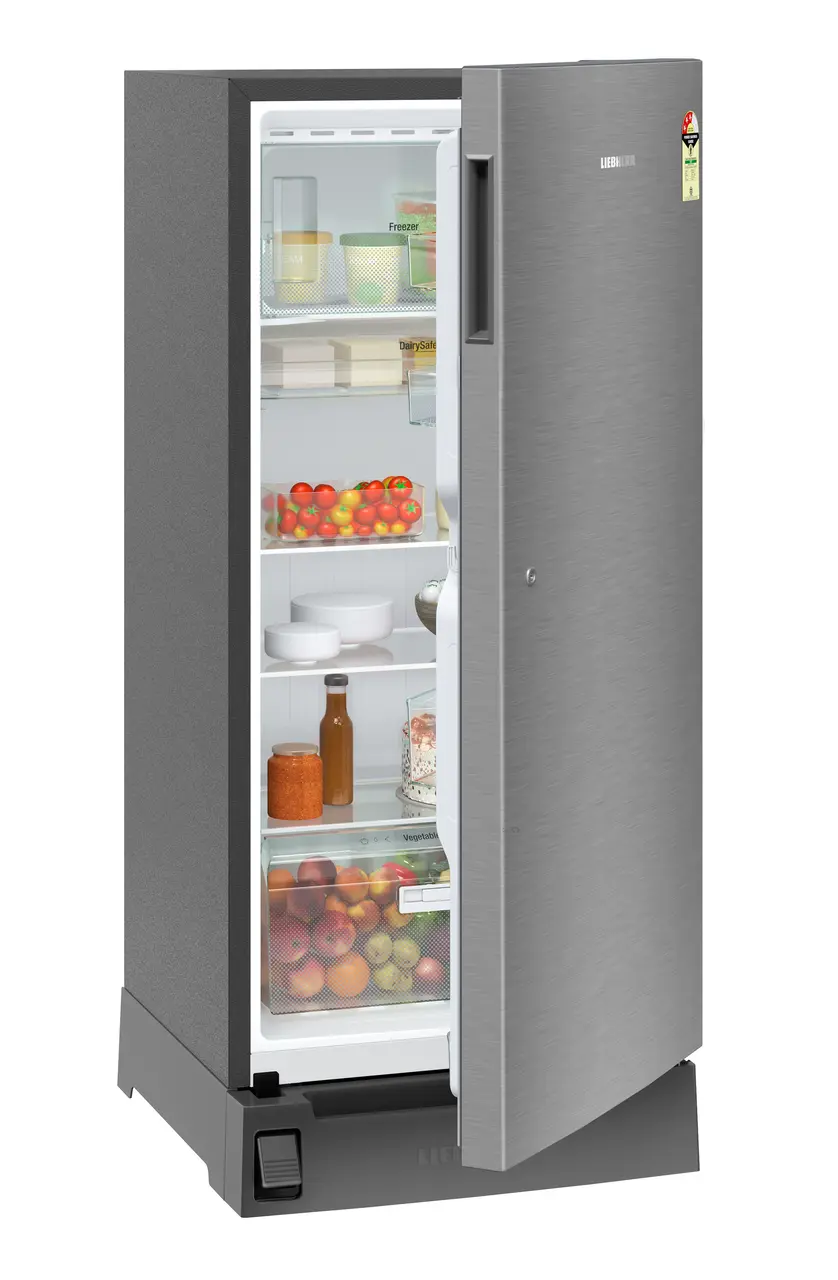 Product image, Perspective: oblique half-open decorated, Single-door refrigerator 222 l in 3 star with foot pedal base drawer, Casing colour: grey, Door colour: Silver Steel