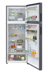 Product image, Perspective: straight open decorated, Fridge-freezer with NoFrost, Casing colour: grey, Door colour: Cobalt Steel