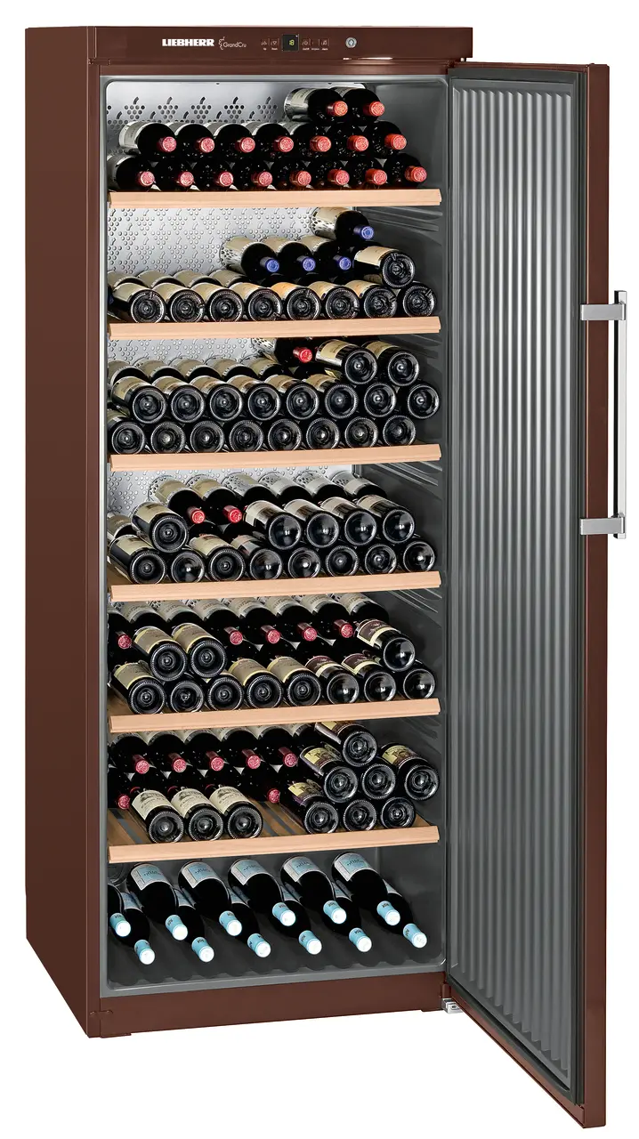 Product image, Perspective: oblique open decorated, Wine storage cabinet, Casing colour: terra, Door colour: terra