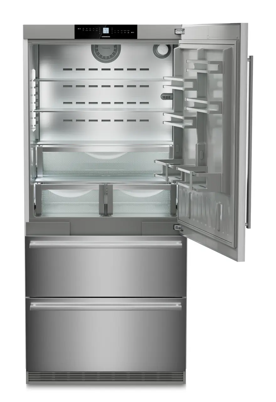 Product image, Perspective: straight open empty, Fridge-freezer with NoFrost, Casing colour: stainless steel, Door colour: stainless steel