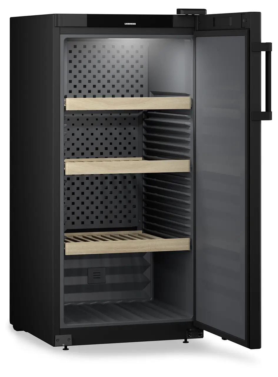 Изображение на продукта, Перспектива: Странично, отворен, празен, Шкаф за съхранение на вино, Цвят на корпуса: черен, Цвят на вратата: черен