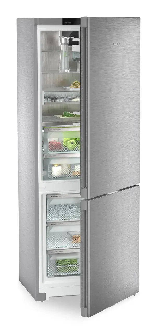 Product image, Perspective: oblique half-open decorated, Fridge-freezer with BioFresh Professional and NoFrost, Casing colour: stainless steel, Door colour: stainless steel