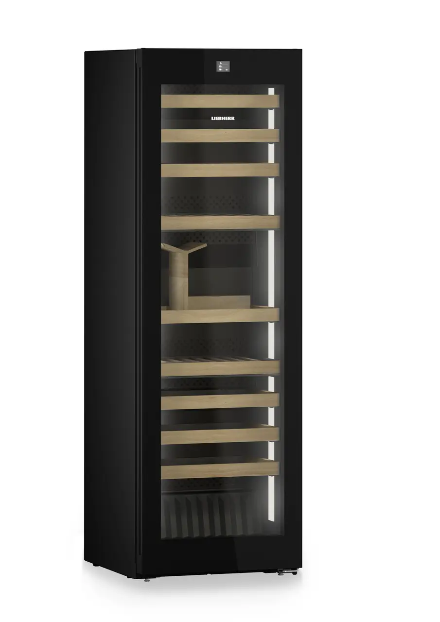 Product image, Perspective: oblique closed empty, Multi-temperature wine cabinet, Casing colour: BlackSteel, Door colour: GlassBlack