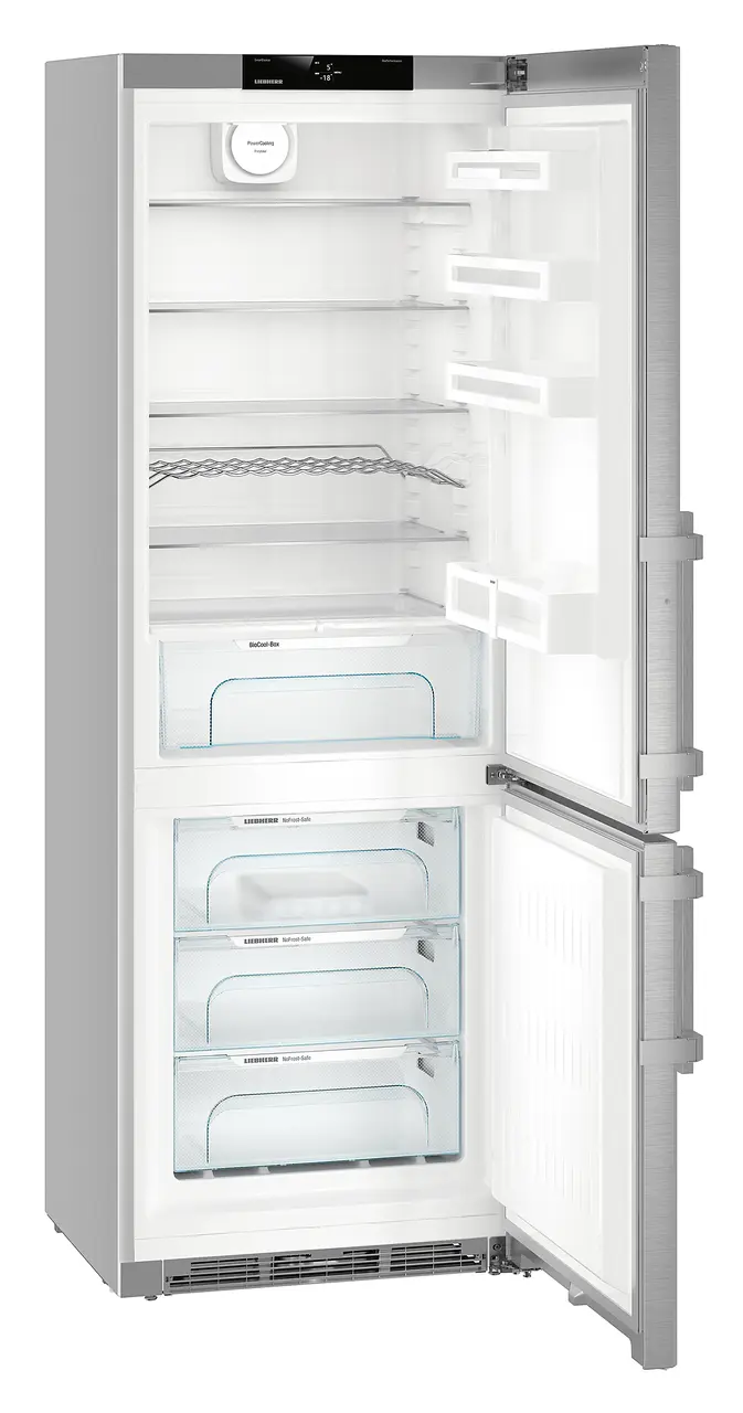 Product image, Perspective: oblique open empty, Combined fridge-freezers with BioCool and NoFrost, Casing colour: silver, Door colour: stainless steel