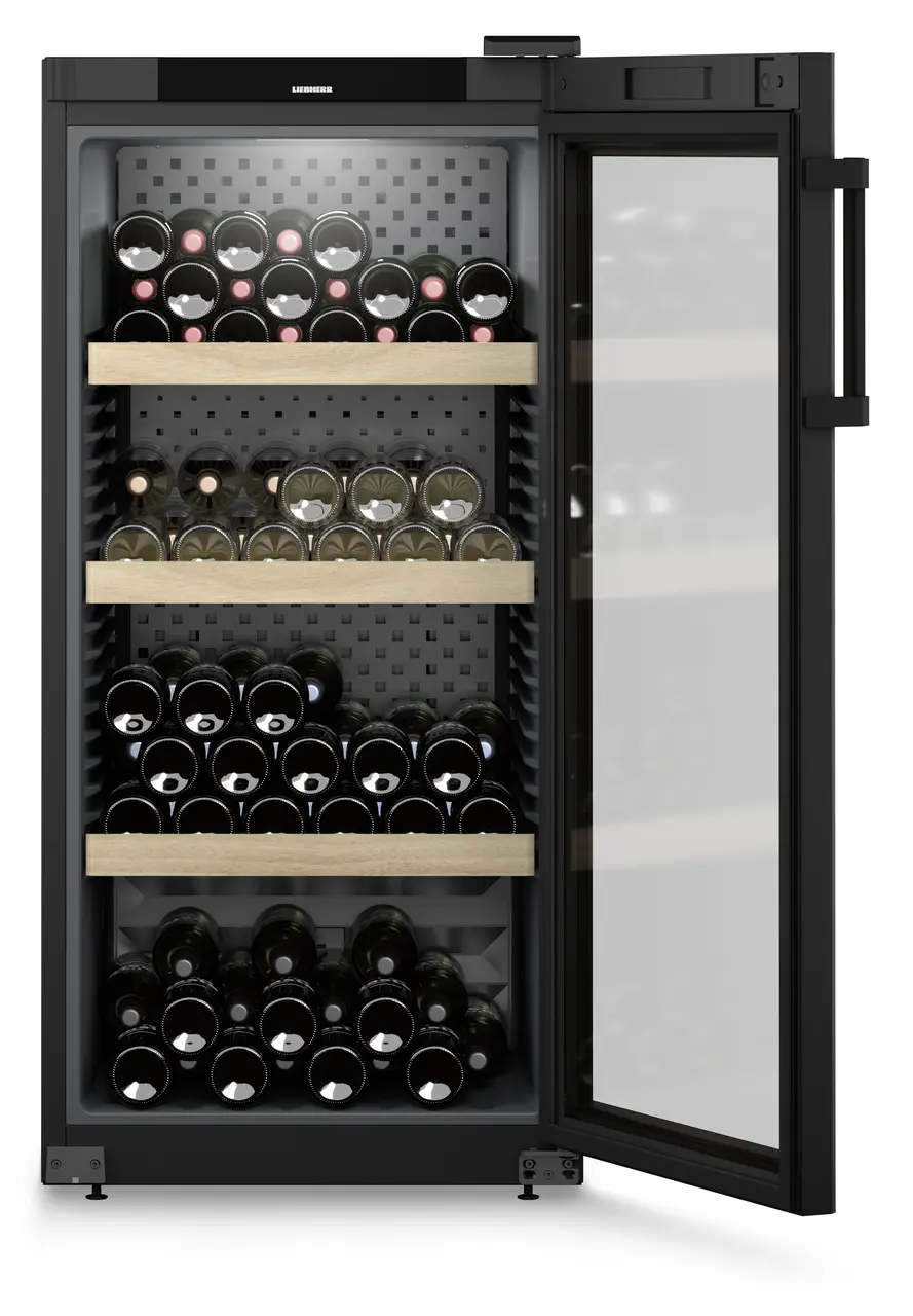 Product image, Perspective: straight open decorated, Wine storage cabinet, Casing colour: black, Door colour: black
