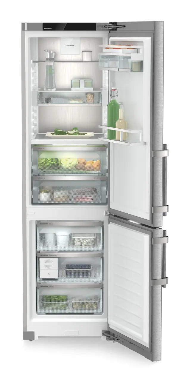 Изображение продукции, Перспектива: Прямо, с открытой дверцей, с продуктами, Двухкамерный холодильник с функциями BioFresh и NoFrost, Цвет корпуса: серебристый, Цвет дверцы: нержавеющая сталь