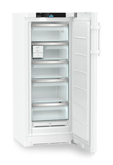 Product image, Perspective: oblique open empty, Freestanding freezer with NoFrost and EasyTwist-Ice, Casing colour: white, Door colour: white