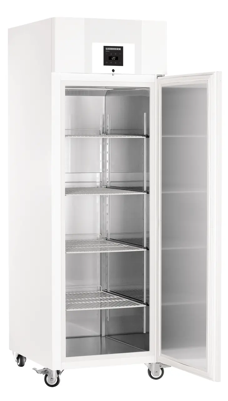 Product image, Perspective: oblique open empty, Lab freezer with Comfort electronic controller, Casing colour: white