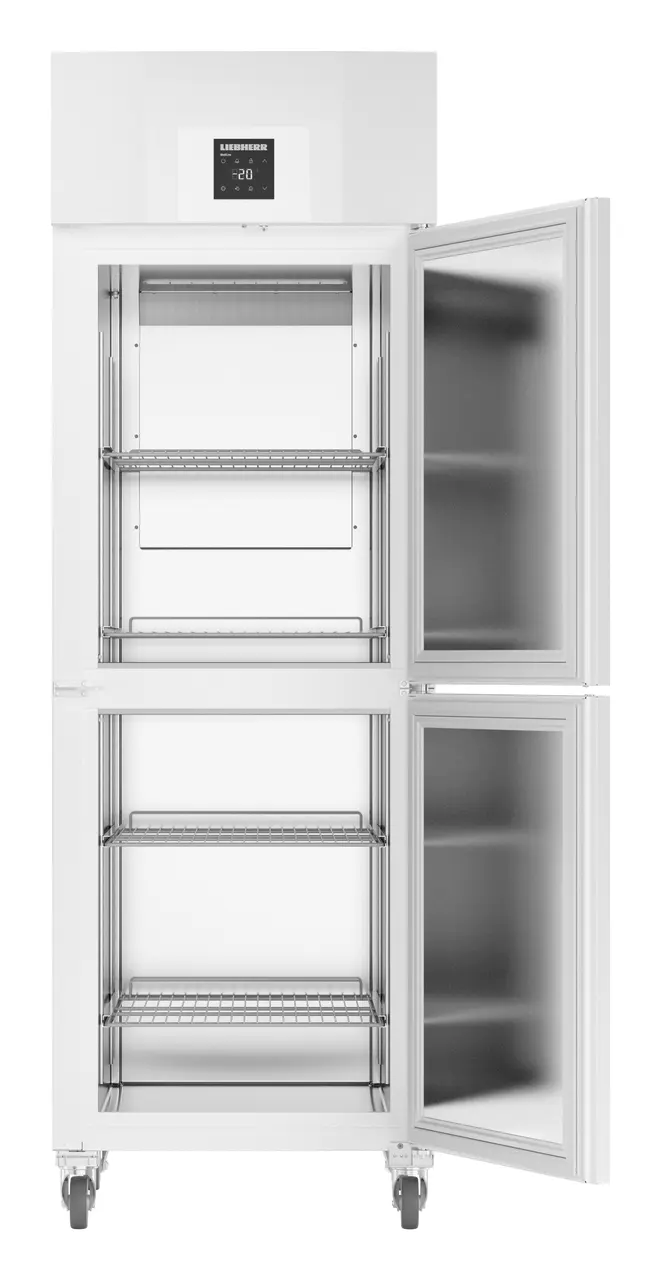 Product image, Perspective: straight open empty, Lab freezer with Comfort electronic controller, Casing colour: white