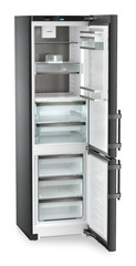 Product image, Perspective: oblique open empty, Fridge-freezer with BioFresh and NoFrost, Casing colour: BlackSteel, Door colour: BlackSteel