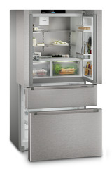 Produkt-Bild, Perspektive: schräg offen dekoriert, French-Door-Kühl-Gefrierkombination mit 2 Gefrierschubladen mit IceMaker, Gehäusefarbe: Silver, Türfarbe: Edelstahl