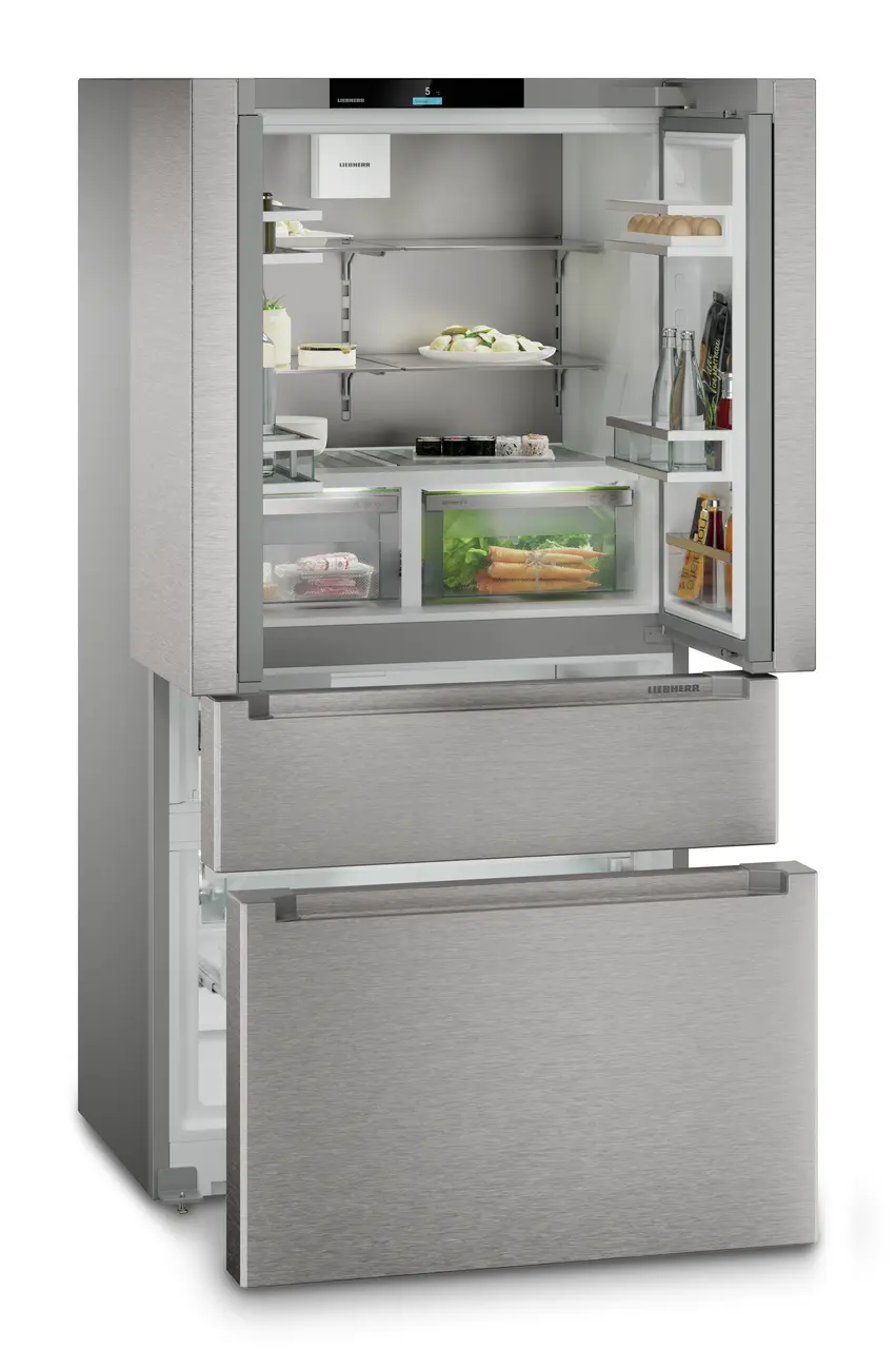 Slika izdelka, Perspektiva: Pod kotom, odprto, dekorirano, Hladilnik z zamrzovalnikom s francoskimi vrati in 2 zamrzovalnima predaloma z IceMakerjem, Barva ohišja: srebrna, Barva vrat: nerjavno jeklo
