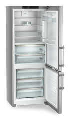 Product image, Perspective: oblique open empty, Fridge-freezer with BioFresh and NoFrost, Casing colour: silver, Door colour: stainless steel
