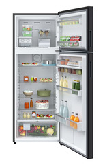 Product image, Perspective: straight open decorated, Fridge-freezer with NoFrost, Casing colour: grey, Door colour: Black Gloss