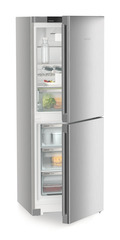 Product image, Perspective: oblique half-open decorated, Combined fridge-freezers with EasyFresh and NoFrost, Casing colour: silver, Door colour: Steelfinish