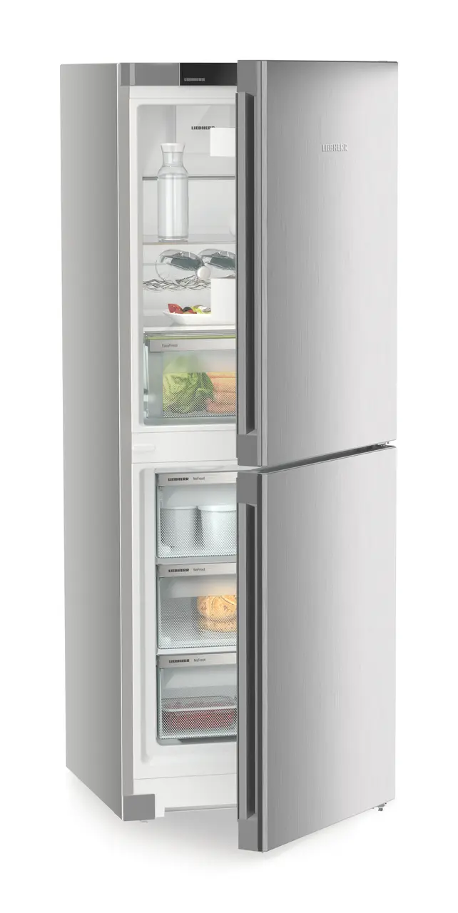 Product image, Perspective: oblique half-open decorated, Combined fridge-freezers with EasyFresh and NoFrost, Casing colour: silver, Door colour: Steelfinish