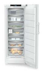 Изображение продукции, Перспектива: Прямо, с открытой дверцей, с продуктами, Отдельно стоящая морозильная камера с системами NoFrost и EasyTwist-Ice., Цвет корпуса: белый, Цвет дверцы: белый