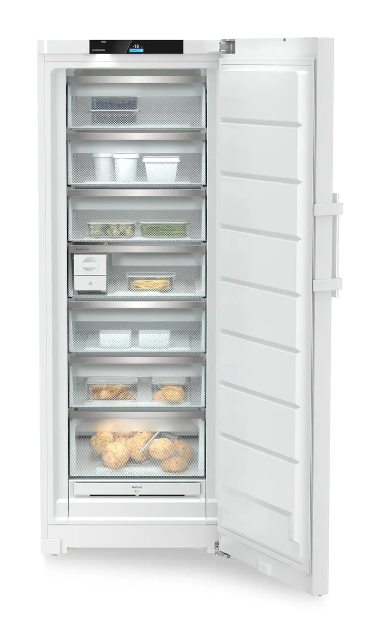 Изображение продукции, Перспектива: Прямо, с открытой дверцей, с продуктами, Отдельно стоящая морозильная камера с системами NoFrost и EasyTwist-Ice., Цвет корпуса: белый, Цвет дверцы: белый