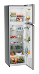 Product image, Perspective: oblique open decorated, Fridge-freezer with NoFrost, Casing colour: grey, Door colour: Grey Steel