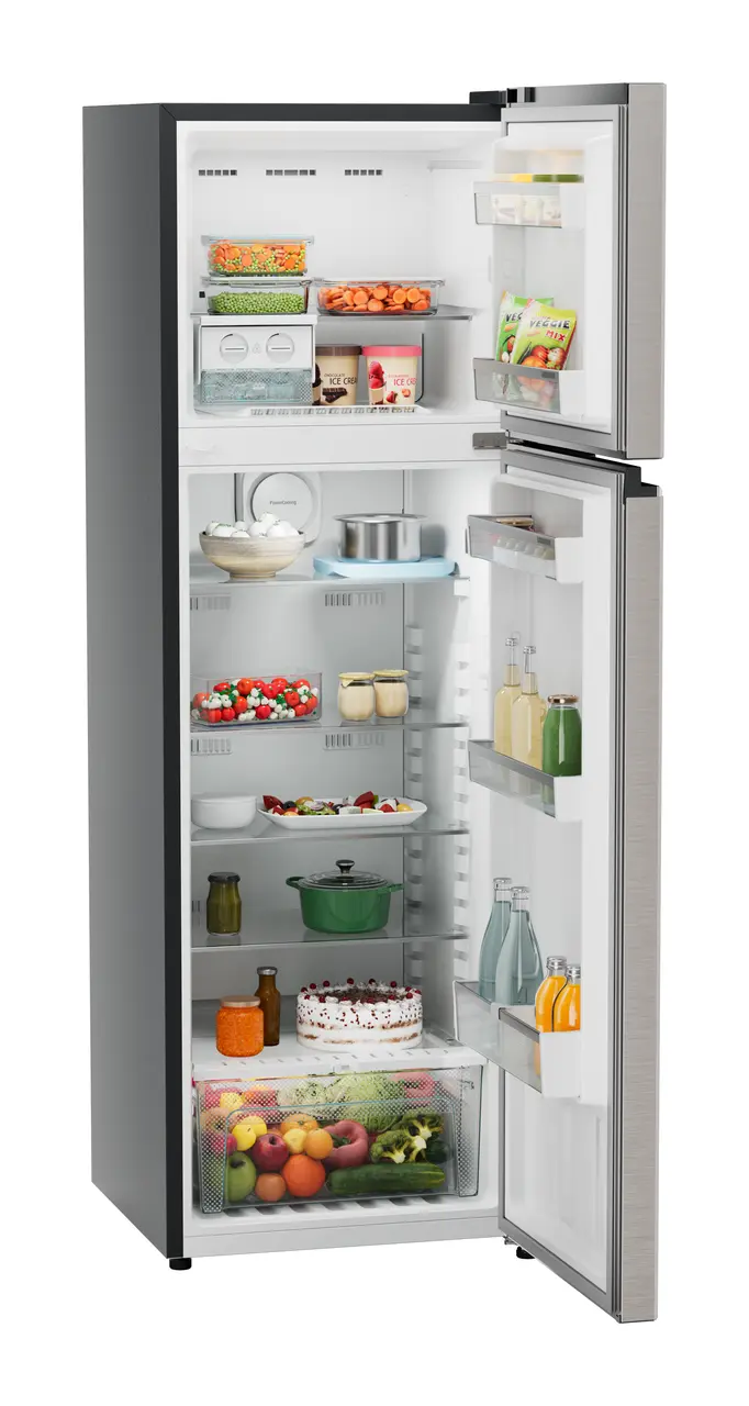 Product image, Perspective: oblique open decorated, Fridge-freezer with NoFrost, Casing colour: grey, Door colour: Grey Steel