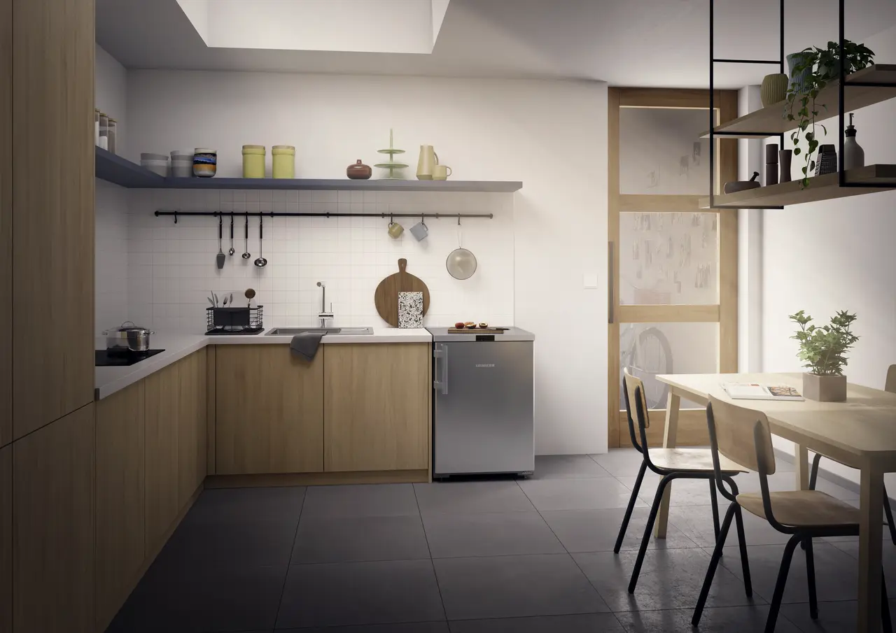 Изображение продукции, Перспектива: Внешние условия, Малогабаритная морозильная камера с системой NoFrost, Цвет корпуса: серебристый, Цвет дверцы: нержавеющая сталь