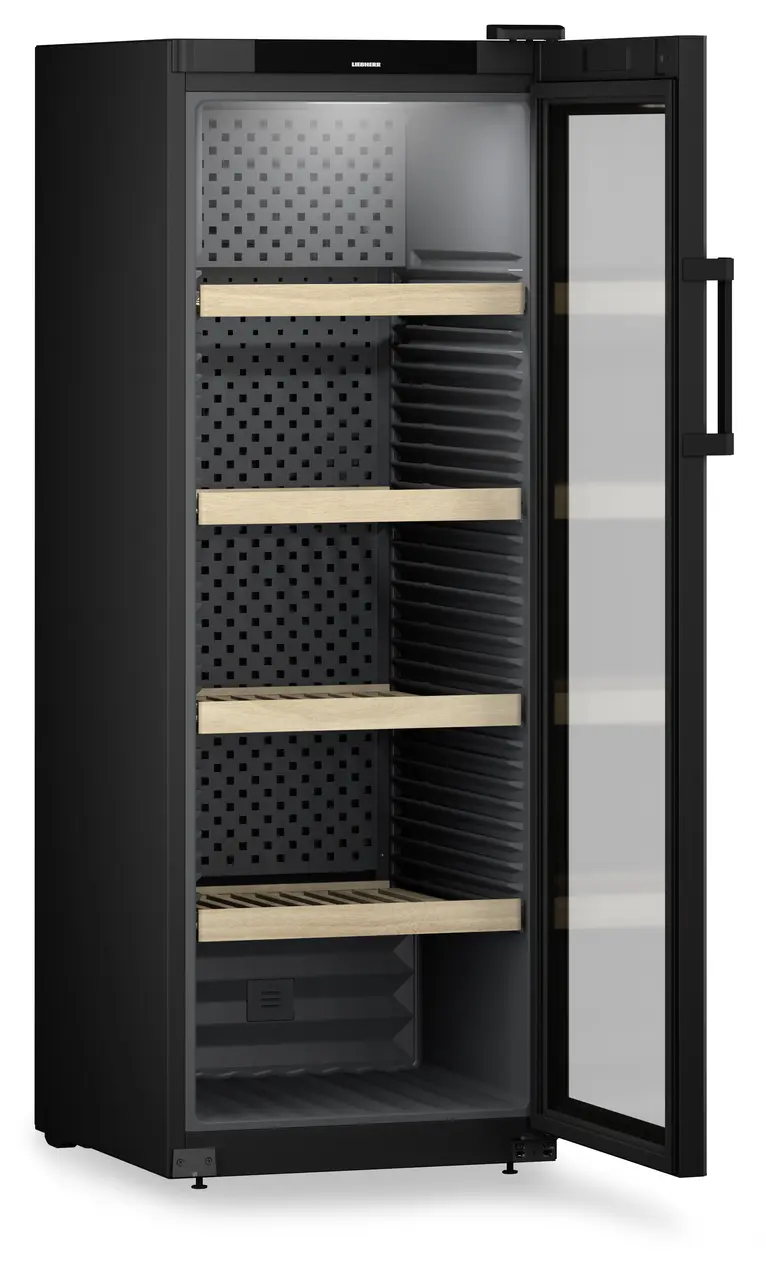 Product image, Perspective: oblique open empty, Wine storage cabinet, Casing colour: black, Door colour: black