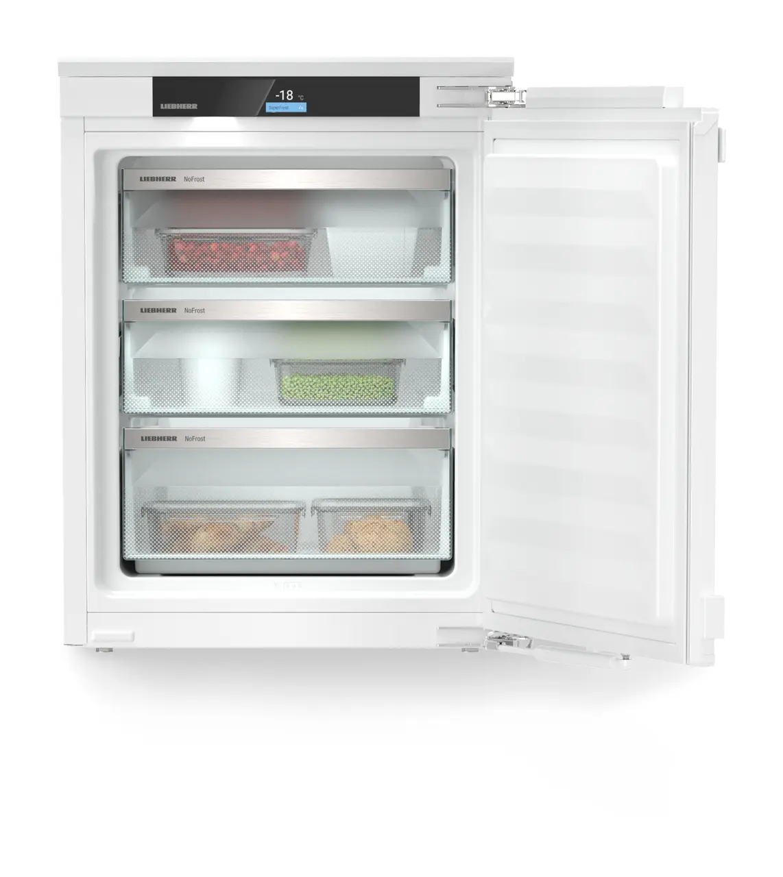 Изображение продукции, Перспектива: Прямо, с открытой дверцей, с продуктами, Встраиваемая морозильная камера с функцией NoFrost