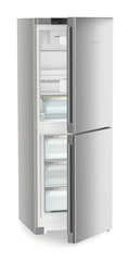 Product image, Perspective: oblique half-open empty, Combined fridge-freezers with EasyFresh and NoFrost, Casing colour: silver, Door colour: Steelfinish