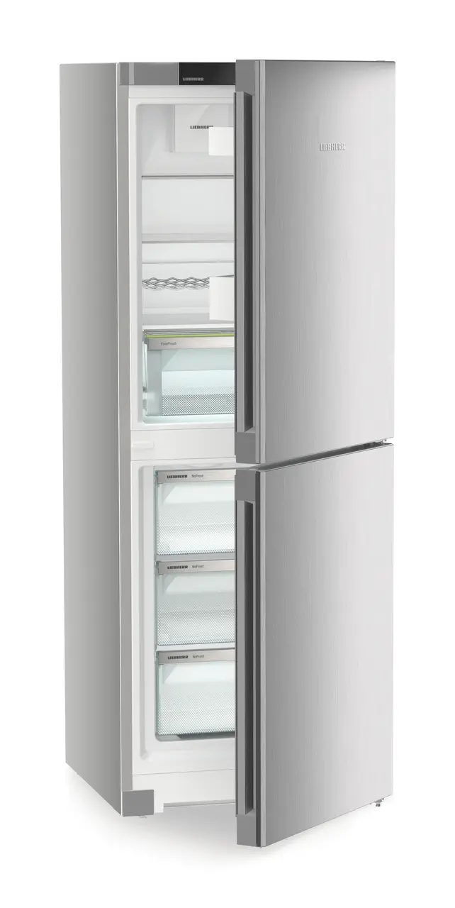 Product image, Perspective: oblique half-open empty, Combined fridge-freezers with EasyFresh and NoFrost, Casing colour: silver, Door colour: Steelfinish
