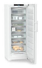 Изображение продукции, Перспектива: Под углом, с открытой дверцей, с продуктами, Отдельно стоящая морозильная камера с системами NoFrost и EasyTwist-Ice., Цвет корпуса: белый, Цвет дверцы: белый
