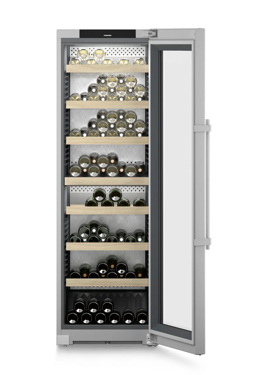 Product image, Perspective: straight open decorated, Multi-temperature wine cabinet, Casing colour: silver, Door colour: stainless steel