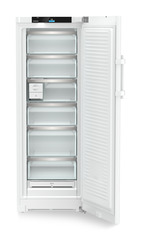 Slika izdelka, Perspektiva: Od spredaj, odprto, prazno, Prostostoječi zamrzovalnik z vrati BluRoX in NoFrost, Barva ohišja: bela, Barva vrat: bela