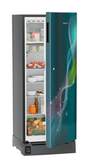 Product image, Perspective: oblique half-open decorated, Single-door fridge 222 l in 4 star with foot pedal base drawer, Casing colour: grey, Door colour: Teal Strings