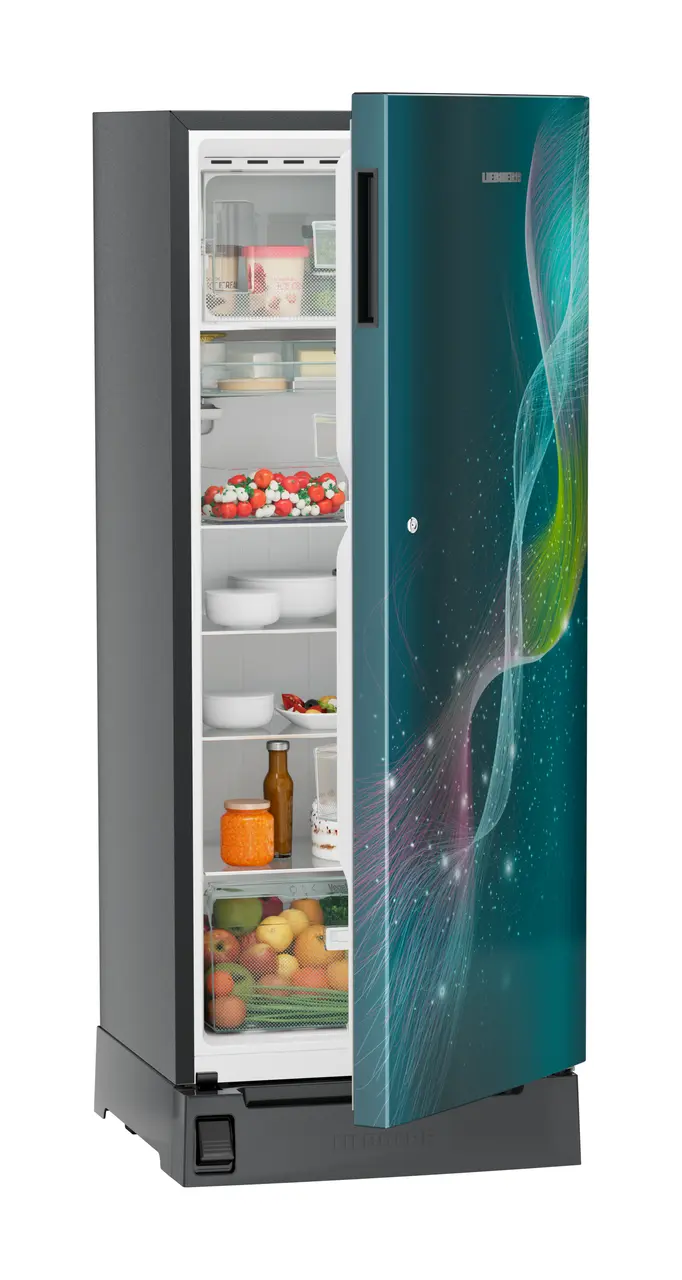 Product image, Perspective: oblique half-open decorated, Single-door fridge 222 l in 4 star with foot pedal base drawer, Casing colour: grey, Door colour: Teal Strings