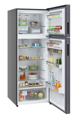 Product image, Perspective: oblique open decorated, Fridge-freezer with NoFrost, Casing colour: grey, Door colour: Cobalt Steel