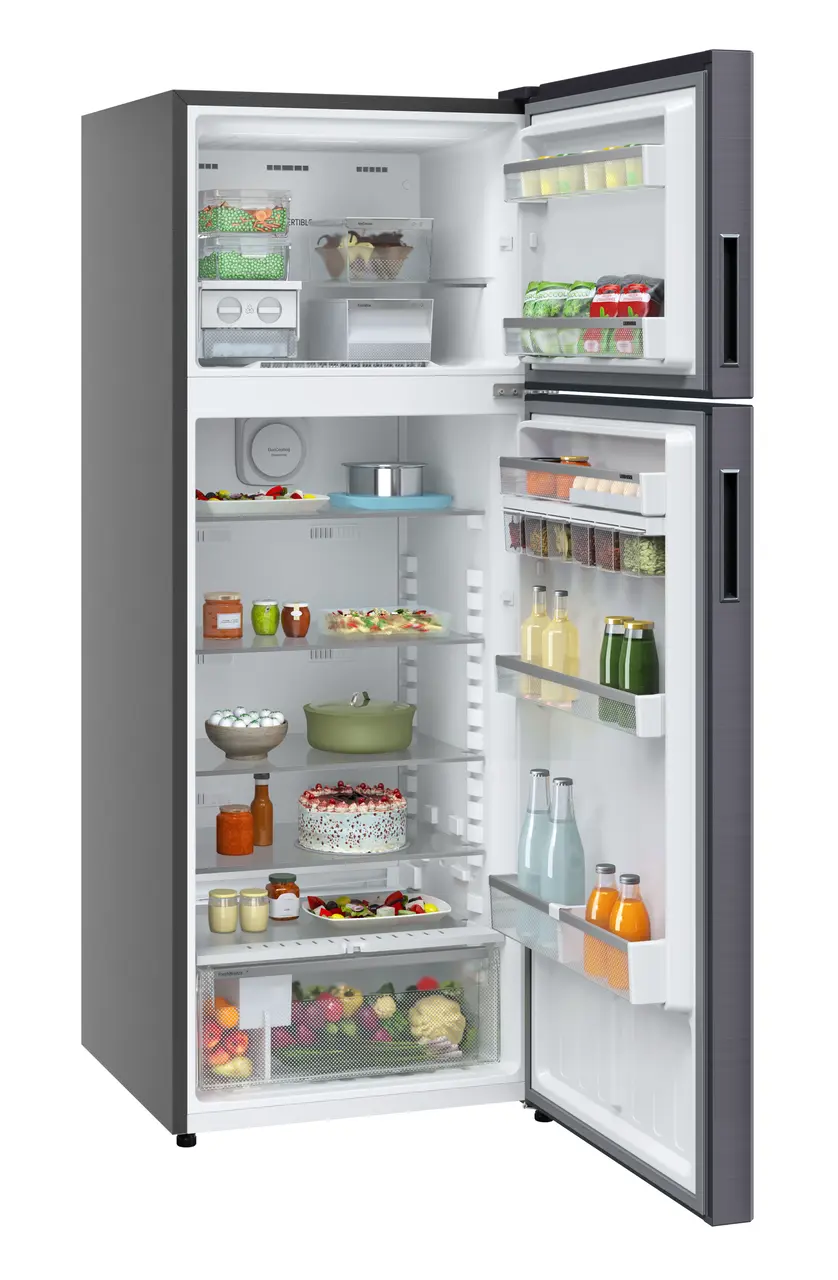 Product image, Perspective: oblique open decorated, Fridge-freezer with NoFrost, Casing colour: grey, Door colour: Cobalt Steel