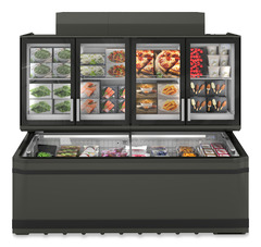 Produkt-Bild, Perspektive: gerade geschlossen dekoriert, Supermarkt-Freezer-Top, Gehäusefarbe: Grau