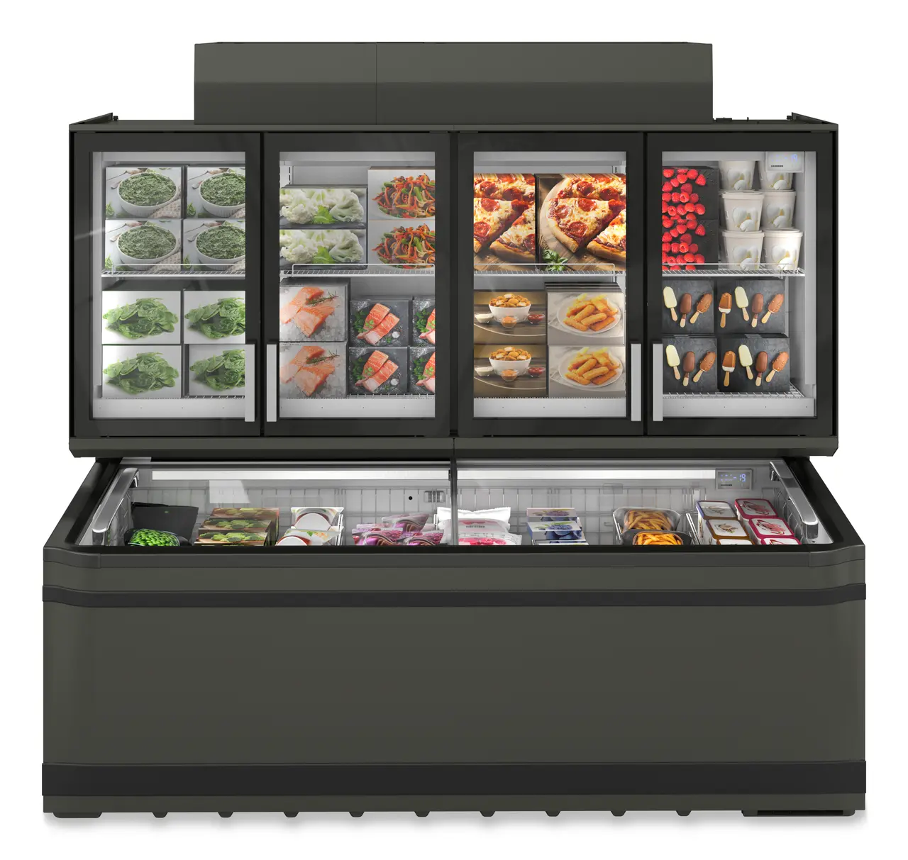 Produkt-Bild, Perspektive: gerade geschlossen dekoriert, Supermarkt-Freezer-Top, Gehäusefarbe: Grau