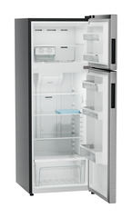 Product image, Perspective: oblique open empty, Fridge-freezer with NoFrost, Casing colour: grey, Door colour: Silver Steel