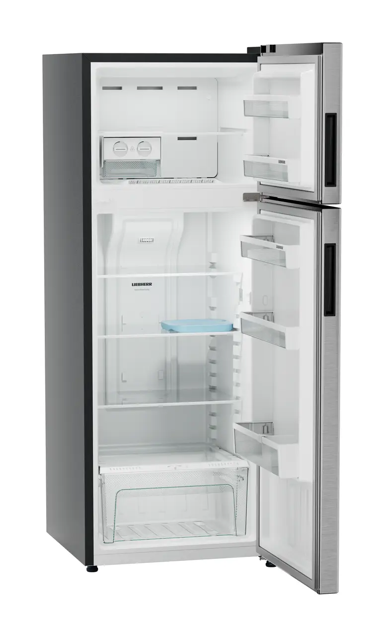 Product image, Perspective: oblique open empty, Fridge-freezer with NoFrost, Casing colour: grey, Door colour: Silver Steel