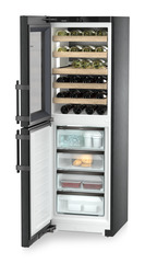 Product image, Perspective: oblique open decorated, Combination with NoFrost freezer compartment and wine tempering compartment, Casing colour: BlackSteel, Door colour: BlackSteel
