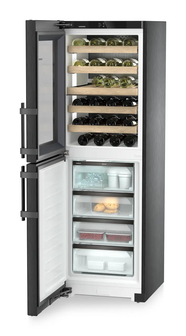 Product image, Perspective: oblique open decorated, Combination with NoFrost freezer compartment and wine tempering compartment, Casing colour: BlackSteel, Door colour: BlackSteel